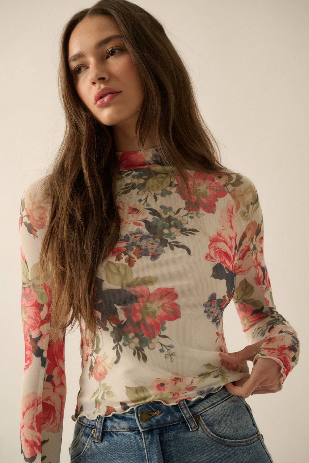 Lila Floral Print Mesh Top
