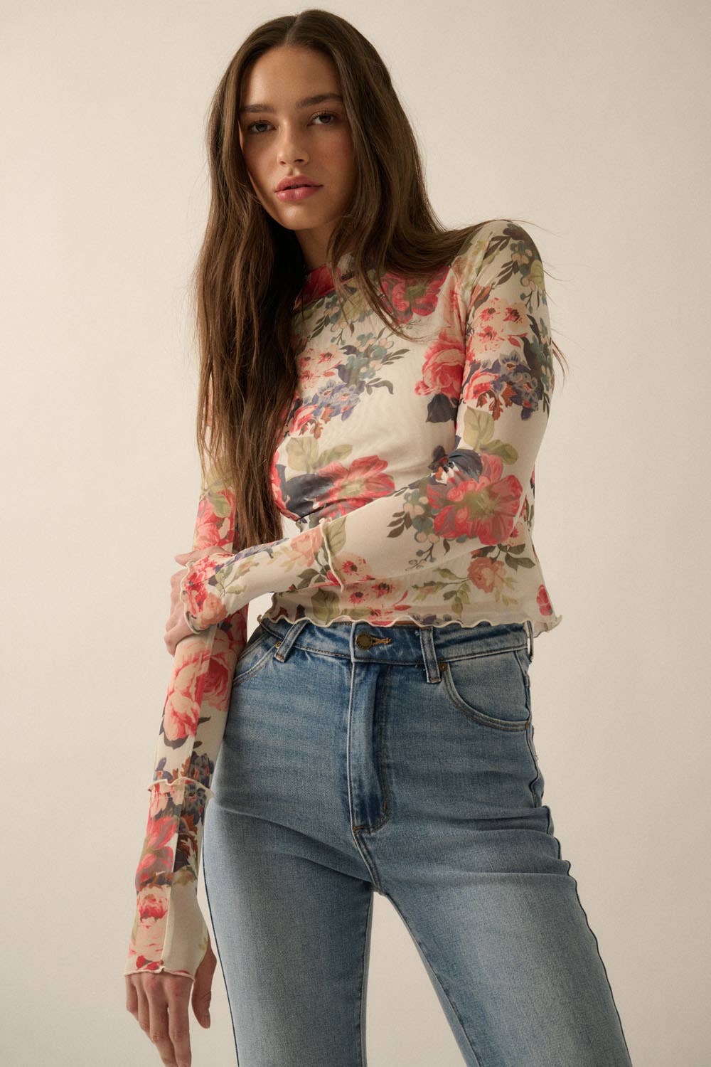 Lila Floral Print Mesh Top
