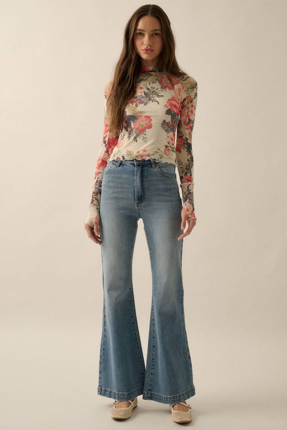 Lila Floral Print Mesh Top